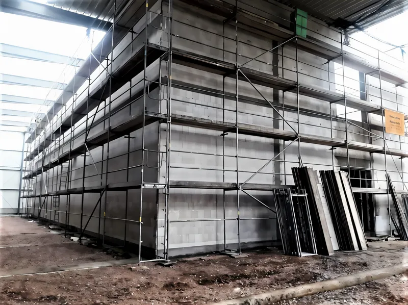 Lange Industriehalle, Längsseite über drei Lagen durchgehend eingerüstet