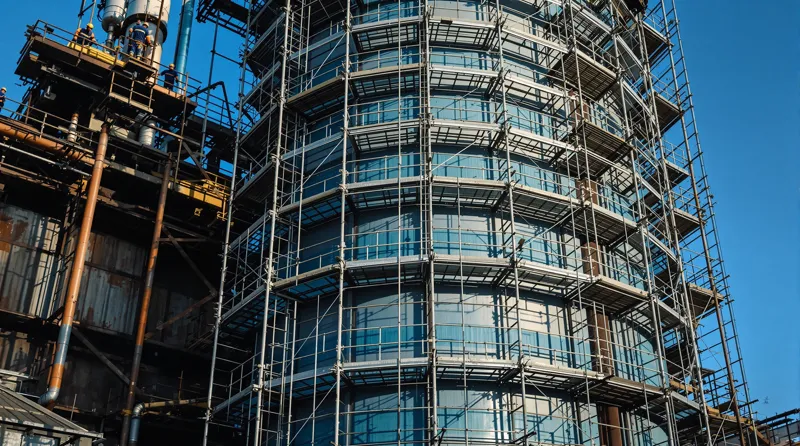 Hohes Silo mit Anlagenteilen, über mehrere Ebenen dicht eingerüstet